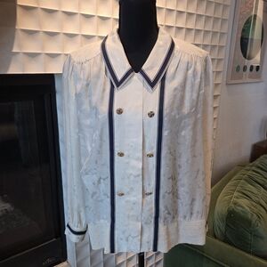 Vintage Starington for Saks 100% Silk Double Breasted Blouse Navy Trim, Size 6
